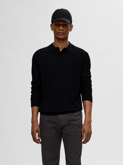 SELECTED HOMME Merino Long Sleeve Polo BLACK